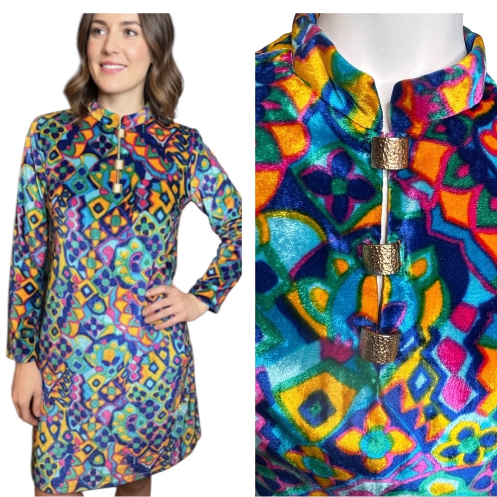 Vintage Hirshleifer's Size Medium Mod Geometric Velvet Mini Dress Long Sleeve